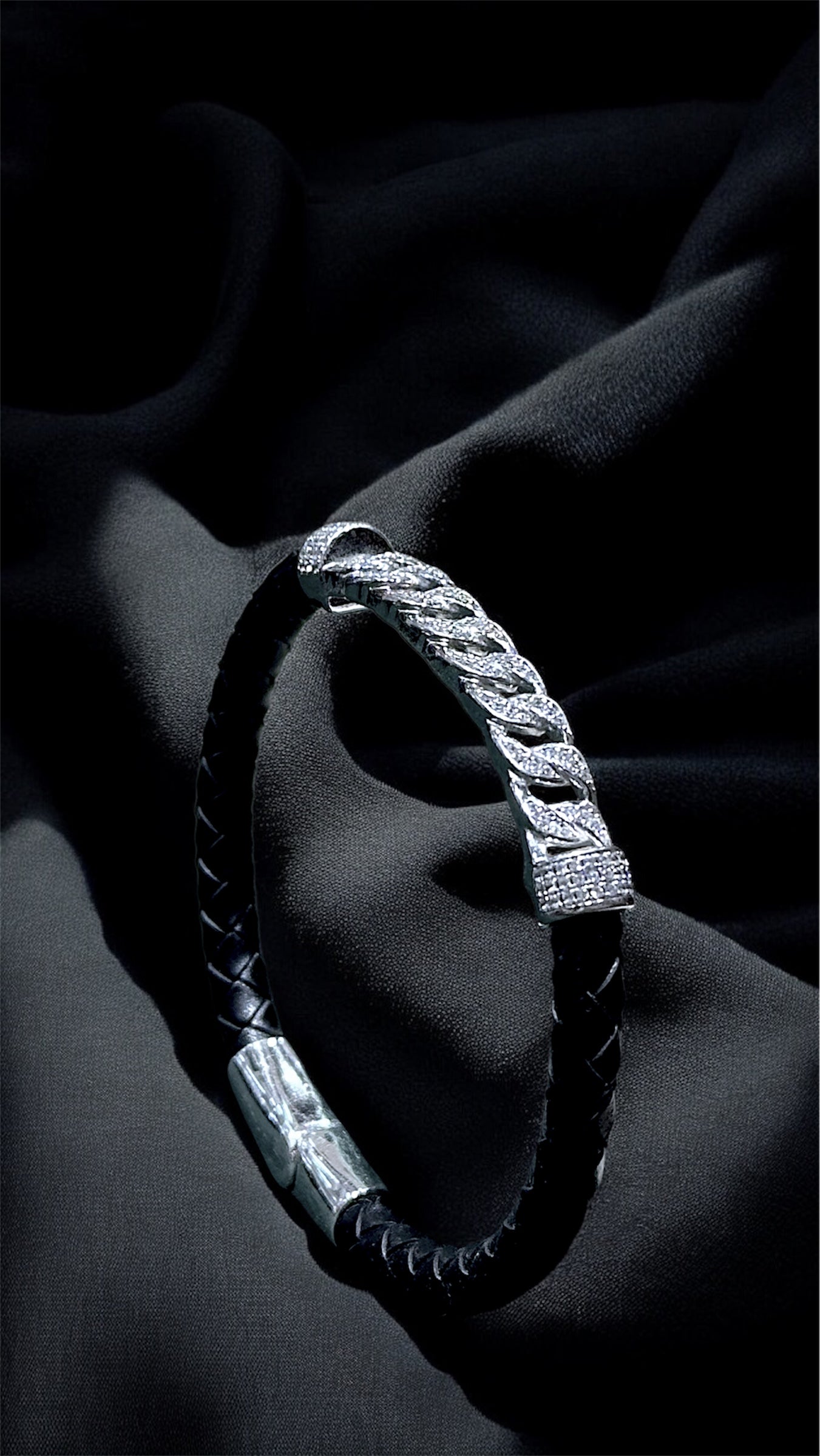 Aurevo Men’s Rhodium Chain-Link Leather Bracelet