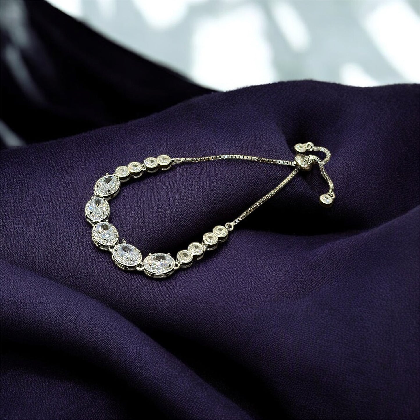 Aurevo Rhodium Oval-Brilliance Adjustable Crystal Bracelet