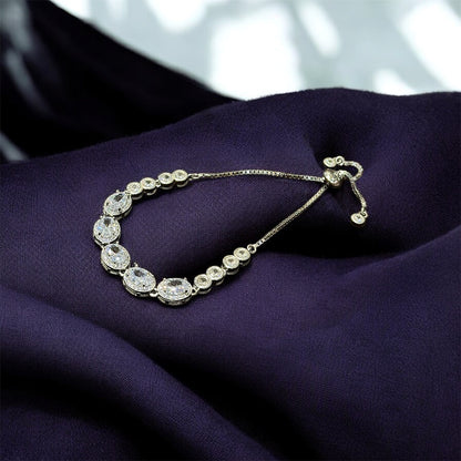Aurevo Rhodium Oval-Brilliance Adjustable Crystal Bracelet