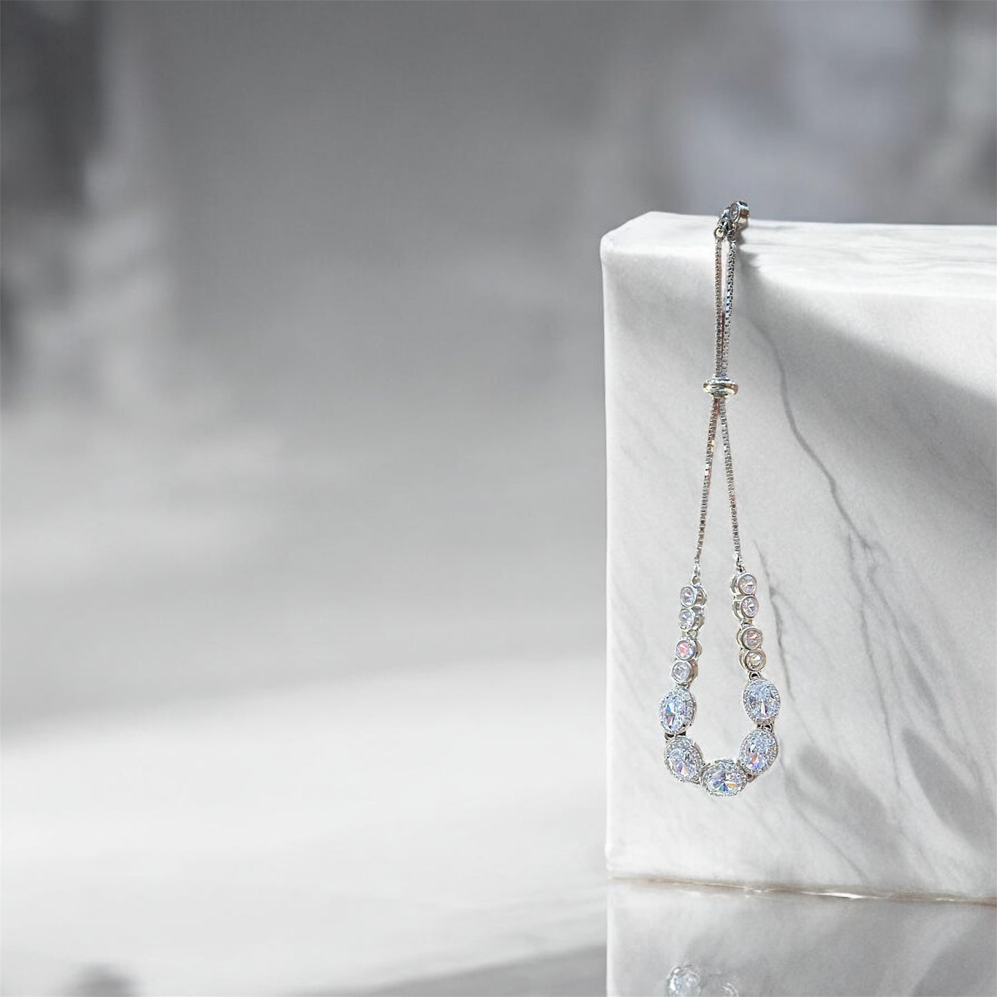 Aurevo Rhodium Oval-Brilliance Adjustable Crystal Bracelet