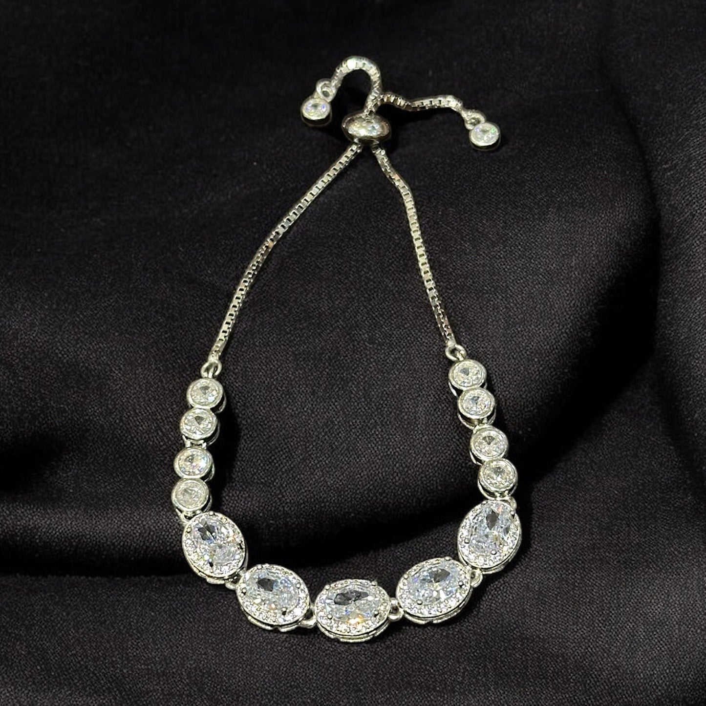 Aurevo Rhodium Oval-Brilliance Adjustable Crystal Bracelet