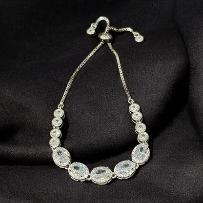 Aurevo Rhodium Oval-Brilliance Adjustable Crystal Bracelet