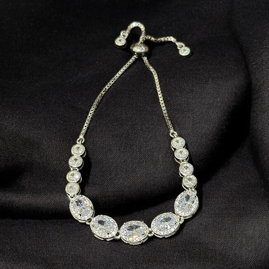 Aurevo Rhodium Oval-Brilliance Adjustable Crystal Bracelet