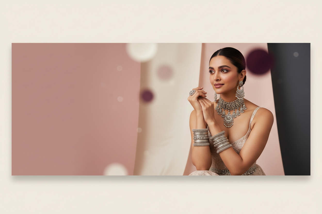 “Create a premium homepage banner featuring a beautiful Indian female model with a fusion facial resemblance inspired by Deepika Padukone and Priyanka Chopra. She should be positioned on the right side of the frame, looking gracefully towards the left. Style her with elegant, finely detailed silver ornaments — necklace, earrings, bangles, and anklets that shine softly and appear luxurious.
Use a soft, modern background incorporating the brand color palette: dusty pink (#E8B7AB), ivory silk (#F6F2ED), deep c