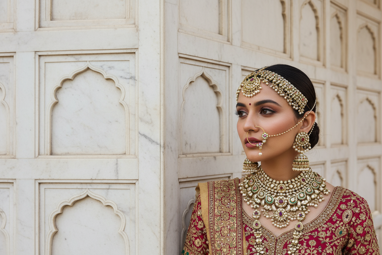 indian-white-beauty-girl-with-wearing-all-jewellery-on-face-her-face-should-be-on-right-side-of-the-image-facing-to-the-left, and white marble hotel wall in background